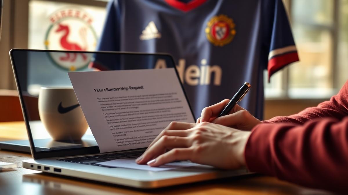 Persona redactando una carta de solicitud de patrocinio en un portátil con la camiseta del club de fondo