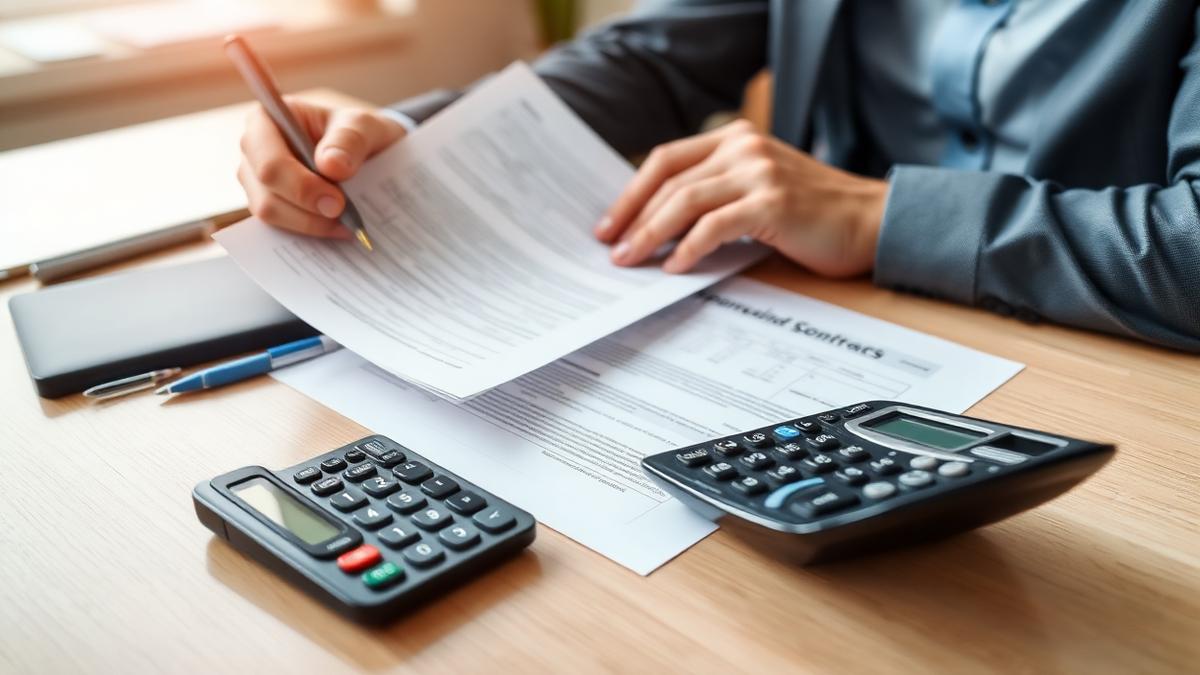 Asesora fiscal revisando facturas y un contrato de patrocinio deportivo con una calculadora sobre la mesa