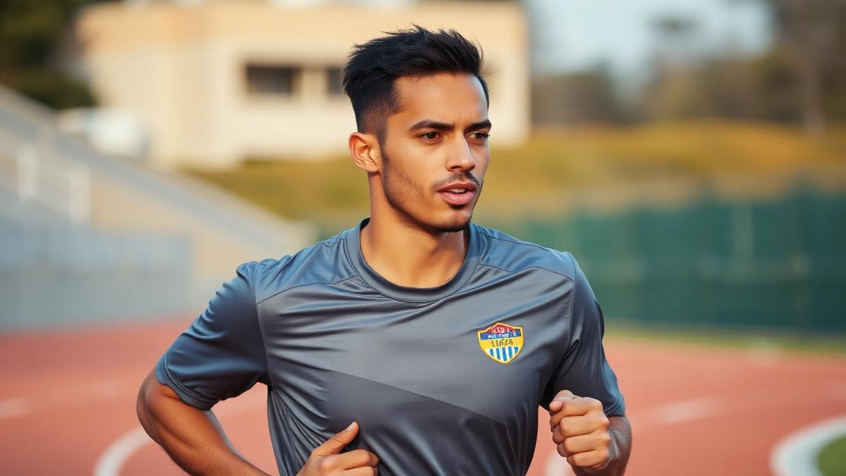 Atleta entrenando en la pista con un parche de patrocinador local en la camiseta
