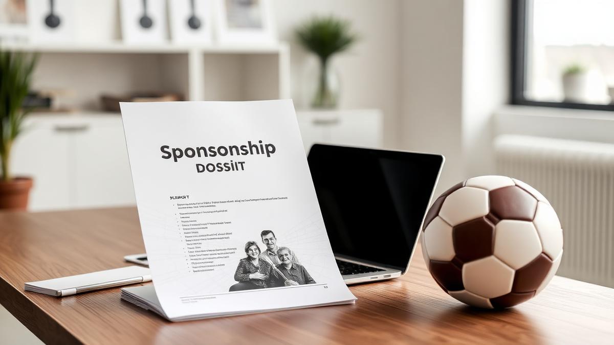 Dossier de patrocinio deportivo impreso sobre una mesa junto a un portátil y un balón de fútbol