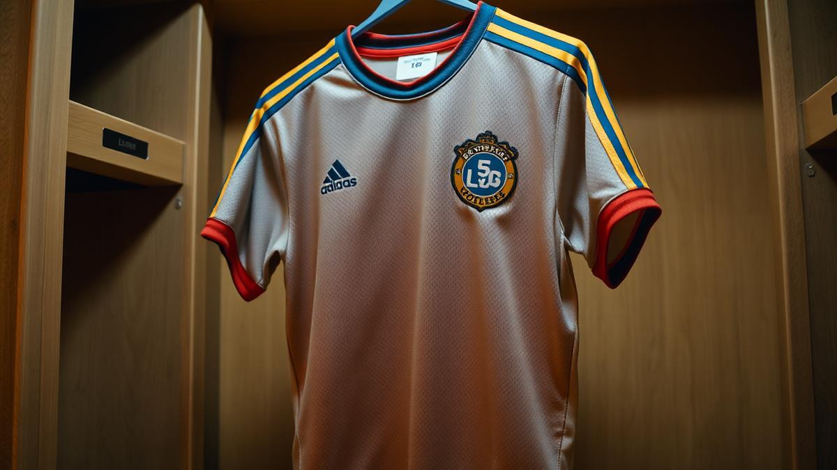 Camiseta de fútbol con varias zonas marcadas para patrocinadores en un vestuario