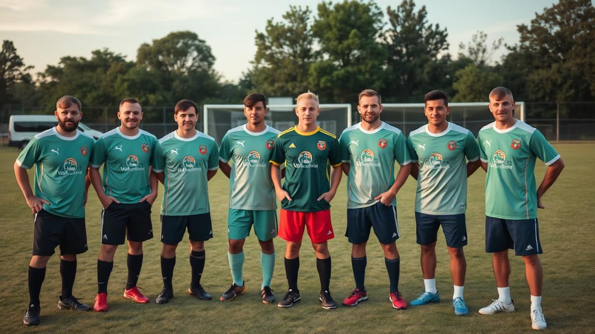 Equipo de fútbol amateur posando en el campo con el logo de su patrocinador en la camiseta