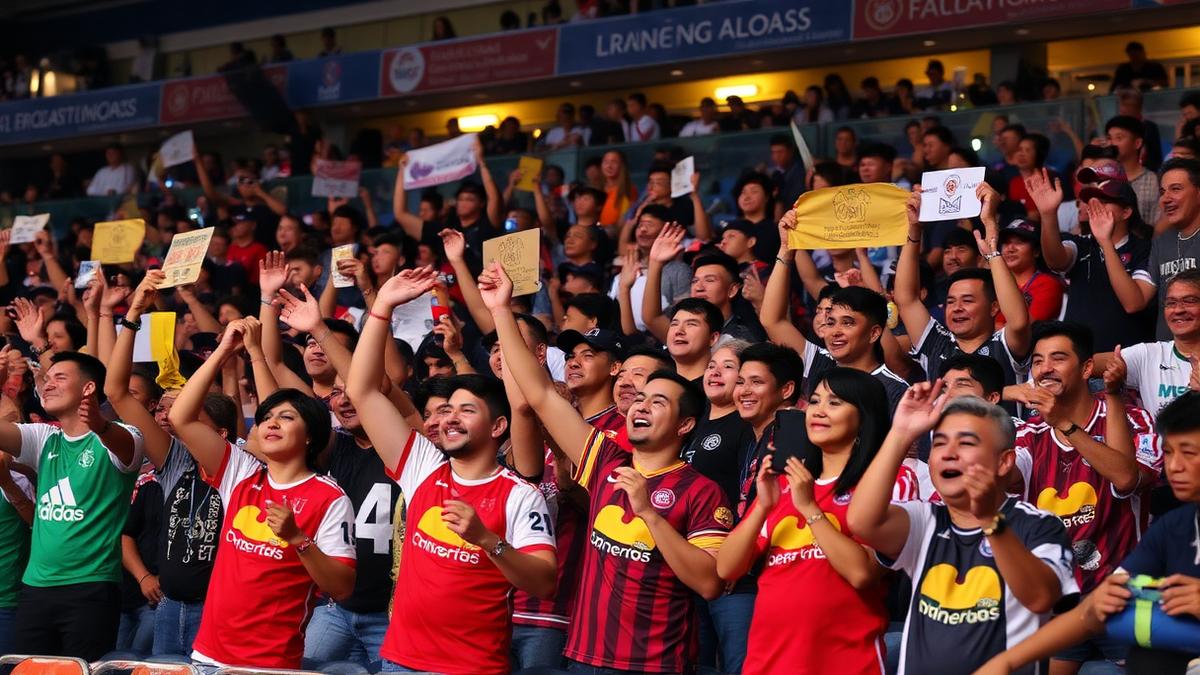 Aficionados animando en la grada de un campo local con logos de patrocinadores en camisetas y vallas