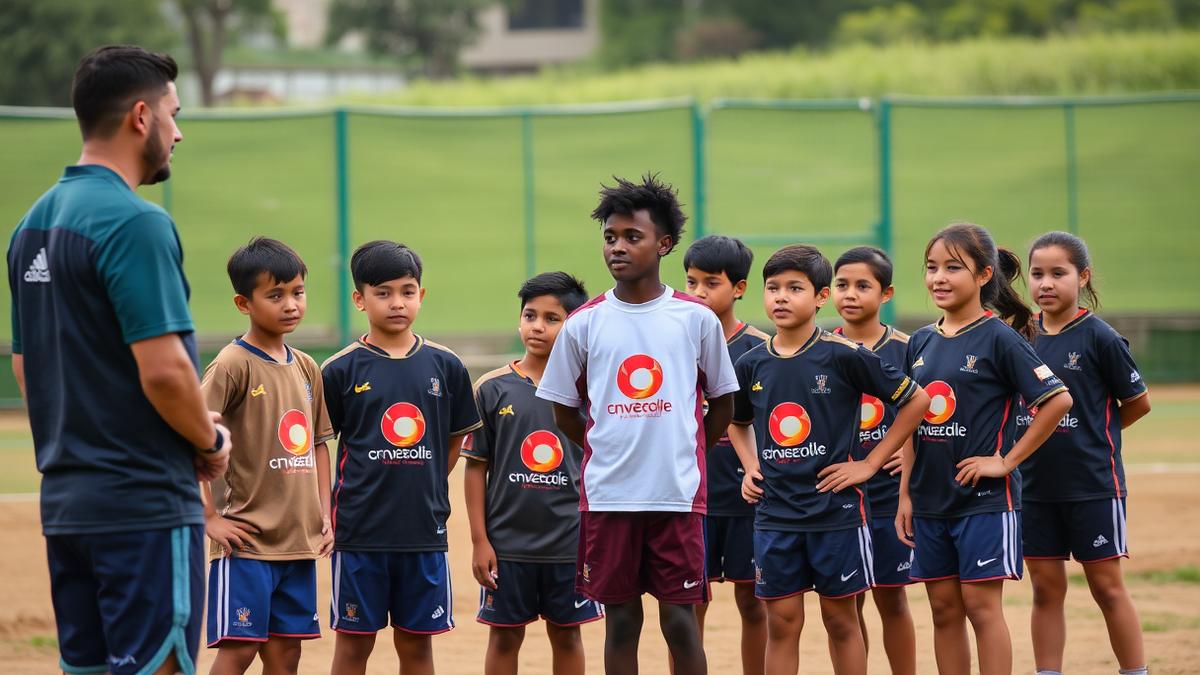 Grupo mixto de niños y niñas del deporte base entrenando con su entrenador y el logo del patrocinador en la equipación