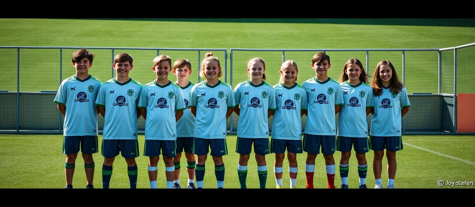 Equipo juvenil de fútbol, chicos y chicas, luciendo el patrocinio de Patrosport en su equipación